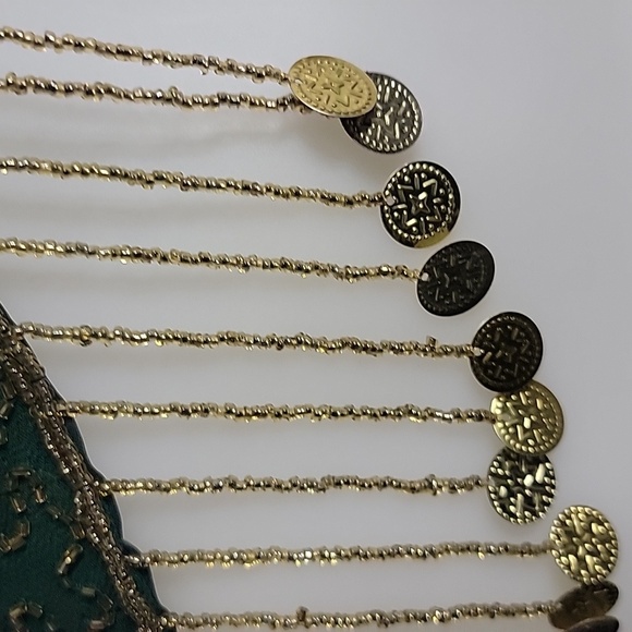 Gypsy Green and Gold Beaded Butterfly Halter 3 Tie Women's Top Size Small - Picture 4 of 11